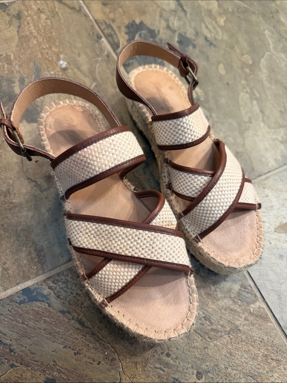 Madewell Cream and Brown Woven Espadrille Wedge Sandals